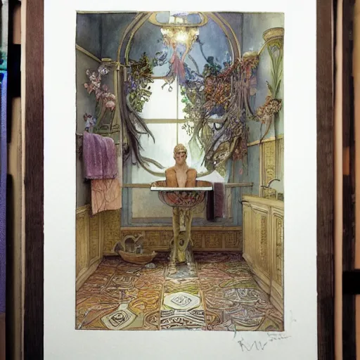 Image similar to a beautifull intricate watercolour painting of a bathroom, reflexions, verry high details by william turner art, greg rutkowski and alphonse mucha, trending on artstation, very very detailed, masterpiece, muted colors