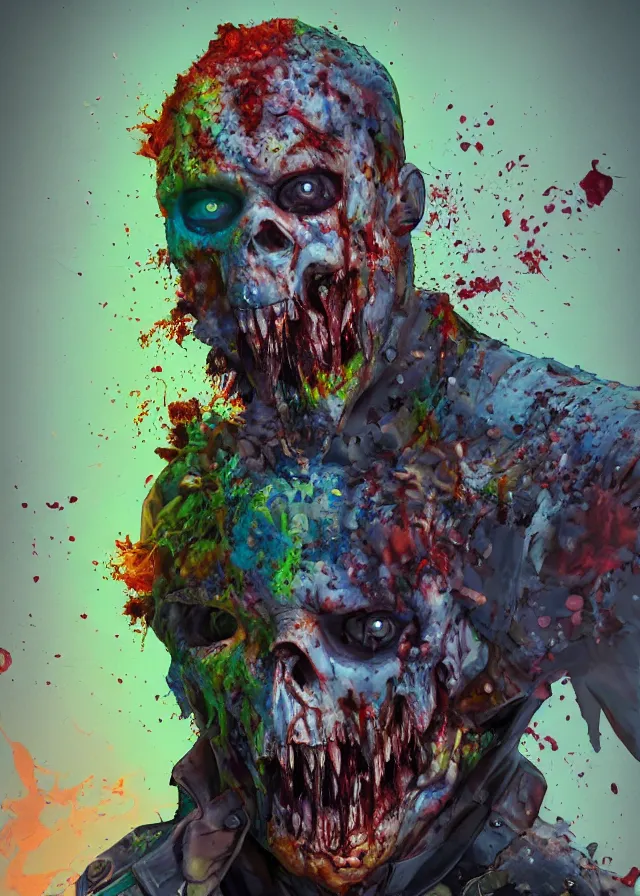 Prompt: a portrait of a lawful evil alignment personified as a dead zombie policeman, colorful ooze on his face by artgerm, kim jung gi, irakli nadar, bright colors, final fantasy, unreal engine 5 highly rendered, global illumination, radiant light, detailed and intricate