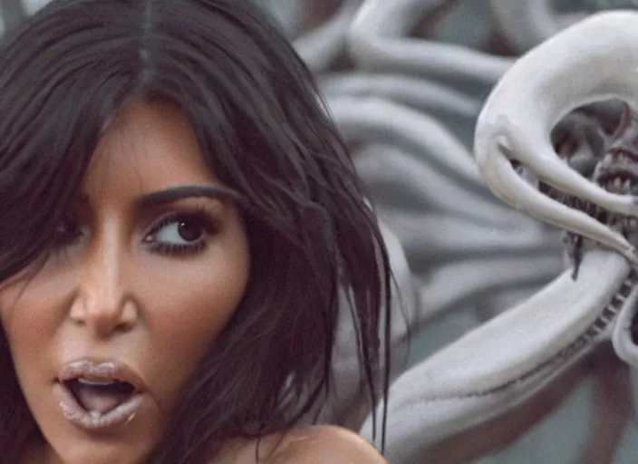 Image similar to film still of kim kardashian being ingested by an xenomorph, alien goo, transparent goo, transparent liquid, saliva, 8 k