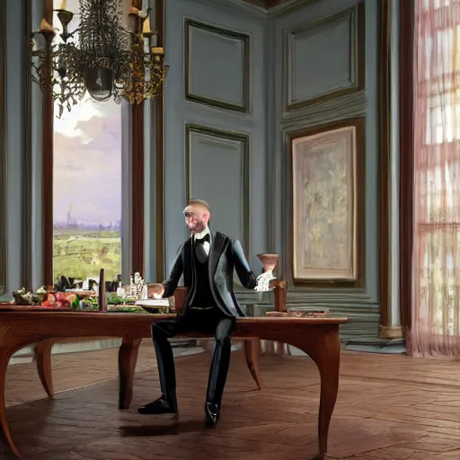 Prompt: Detailed matte painting glamour shot of a dapper male sitting at a desk with a tray of salad next to a fine cheese plate by Karol Bak and Thomas Eakins, centered, inside interior Victorian art deco elegant dining room with large windows with view of forest by Lee Madgwick and Canaletto, by Beeple, unreal engine, trending on artstation and behance, famous artwork by Van Gogh hanging on walls, volumetric lighting, cinematic lighting, realistic lighting, detailed lighting, 4k hd wallpaper