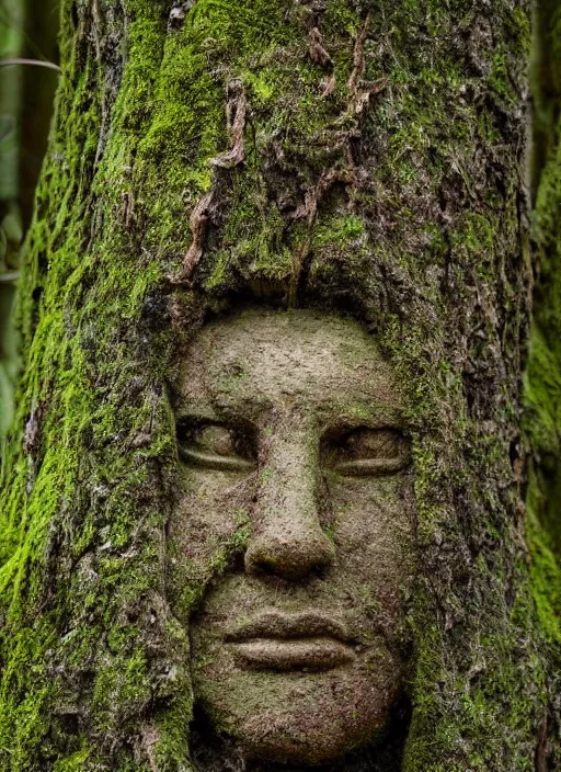 Image similar to photograph of hyperrealistic detailed ancient face in the shape of a tree covered with bark and moss, in a mysterious forest