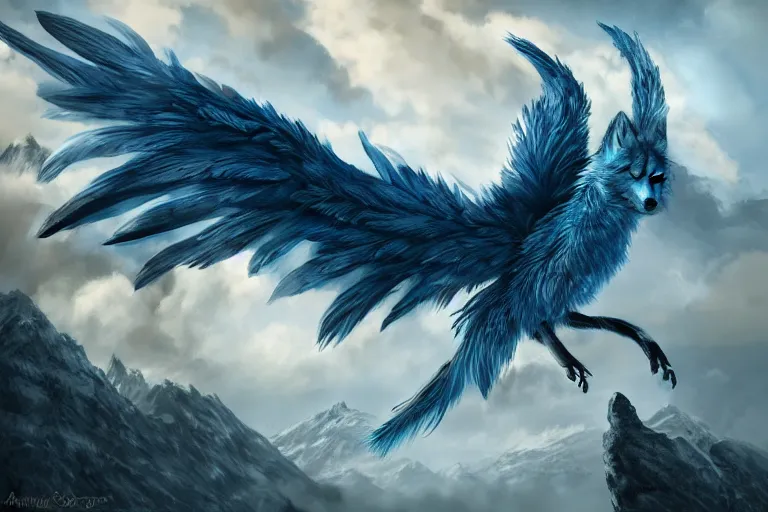 Image similar to Blue feathered wolf with wings on a beautiful fantasy landscape, post processing, ultra detailed, trending on artstation