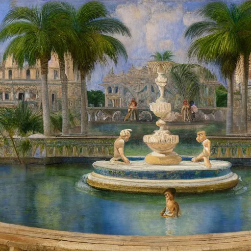 Image similar to a ultradetailed beautiful painting of a old fountain in the amazonas palace balustrade designed by jules bastien - lepage, tarsila do amaral, frank weston and gustave baumann, beach, trending on artstation, mediterranean, palm trees, sharp focus, soft light, 8 k 4 k