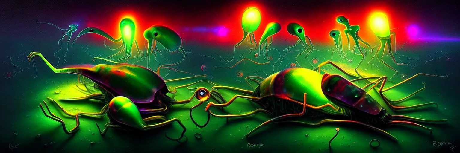 Image similar to strange alien plankton creatures from the depths of the collective unconscious, dramatic lighting, surreal darkly colorful painting by ronny khalil