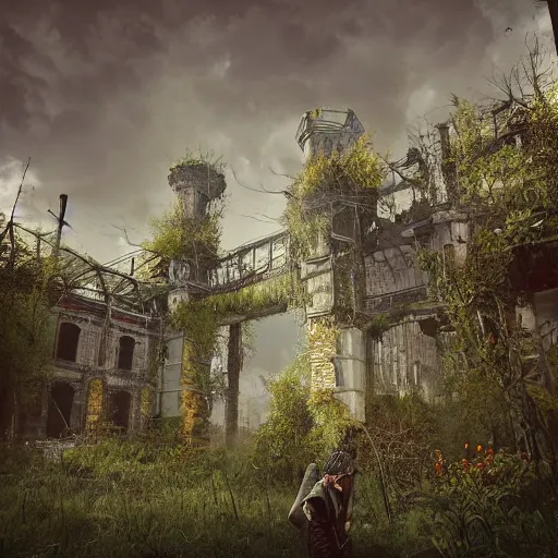 Image similar to post-apocalyptic overgrown kremlin, digital art, octane render, beautiful composition, trending on artstation, masterpiece