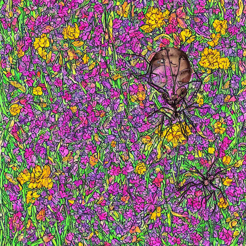 Image similar to a symmetric portrait of the face of an ant, surrounded by flowers, by well renowned world artist