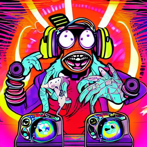 Prompt: artgerm, psychedelic laughing cybertronic ren & stimpy, rocking out, headphones dj rave, digital artwork, r. crumb, svg vector