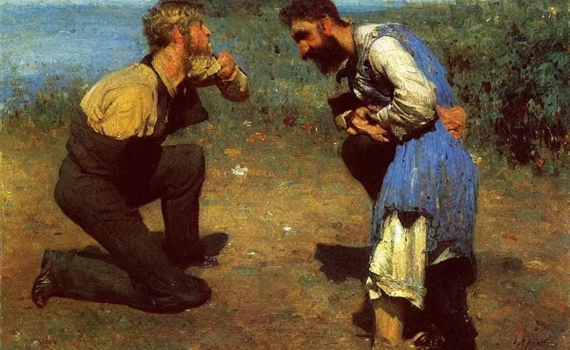 Image similar to high quality high detail painting by ilya repin, giant man proposing to a tiny man, hd