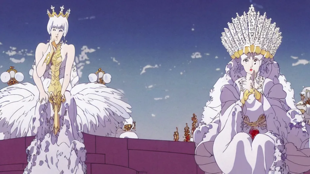 Image similar to a queen dressed as a white swan, wearing a swan mask, sitting in her white stone throne room, anime film still from the an anime directed by katsuhiro otomo with art direction by salvador dali, wide lens