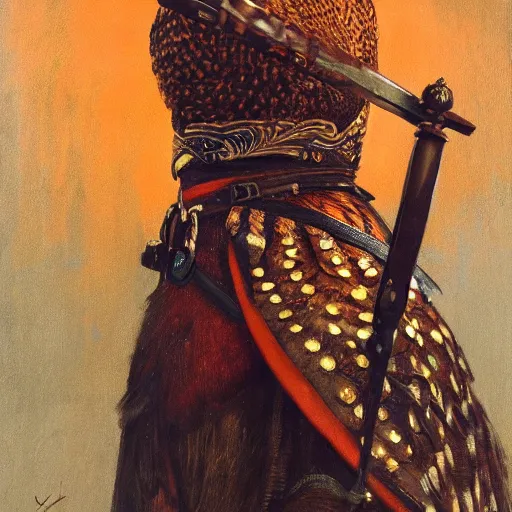 Prompt: a pheasant is girded with a belt, a sword hangs on the belt, by lily seika jones , rivuletpaper art, top cinematic lighting, cinematic mood, very detailed, shot in canon, by Viktor Vasnetsov, oil painting, harsh fairy tale, soft style, hyperrealism, beautiful, high resolution, trending on artstation,