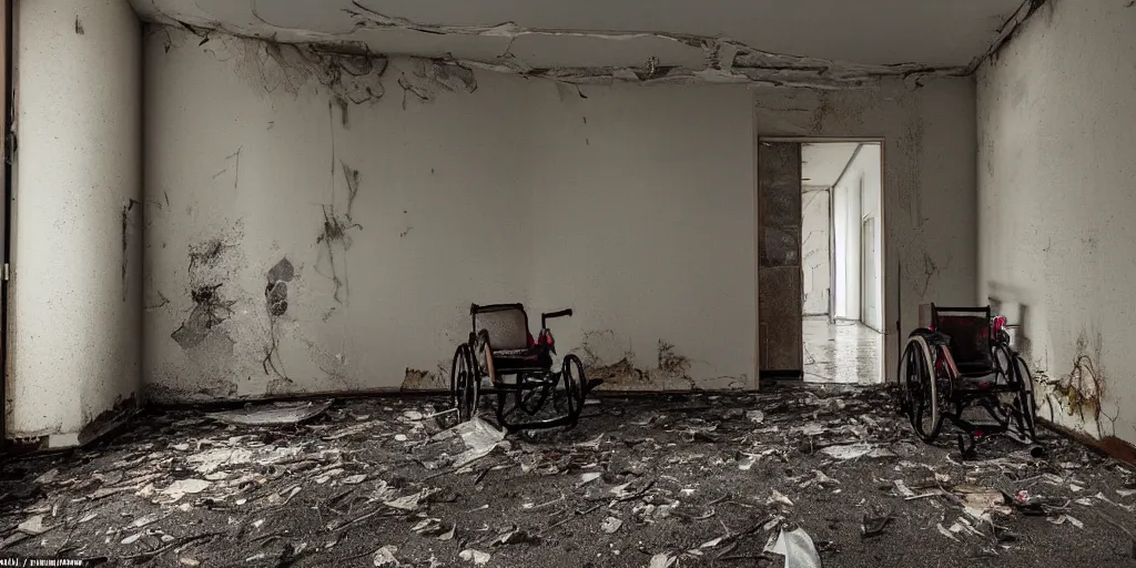 Image similar to abandoned psychiatric ward with paint peeling of the walls, dirty floor, broken wheelchair, at night, photography