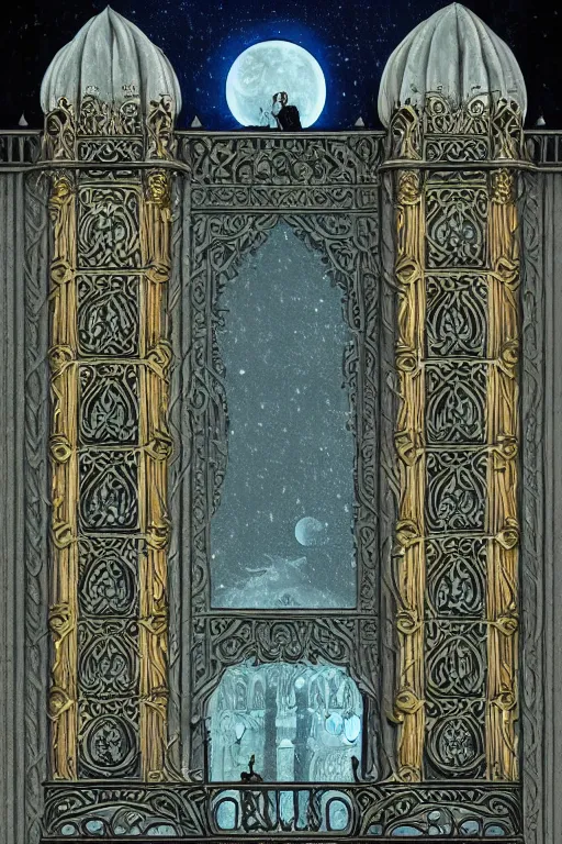 Image similar to ancient silver tower of the moon, fairytale illustration, elaborate carved wood balconies, tall windows, moorish architecture, formal gardens, dramatic cinematic lighting, beautiful moths, soft colors, golden age illustrator