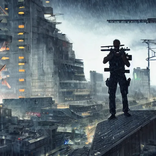 Image similar to A broad shouldered, muscular man wearing Reindeelusion Steven Cargo pants and Nike Tech fleece Shirt and Nike Acronym presto sneakers, rooftop, sniper rifle stationed in background, Police sirens shining in far background, high quality, digital art, dirty cyberpunk city, rain, greg rutkowski