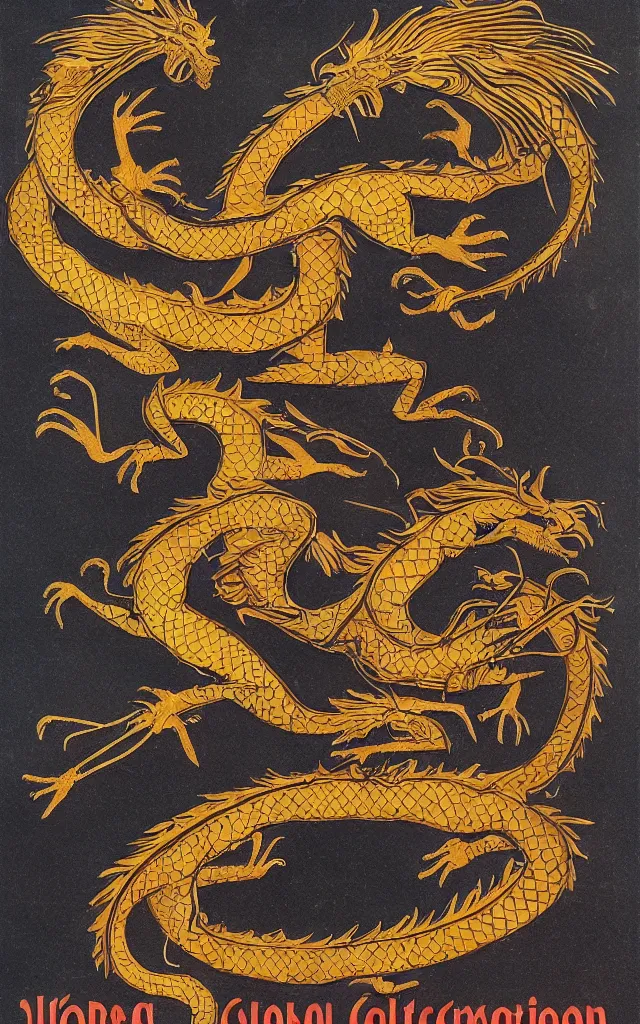Image similar to a poster in the style of polish school of posters jan lenica for'the curator'- a matte painting depicting a golden dragon