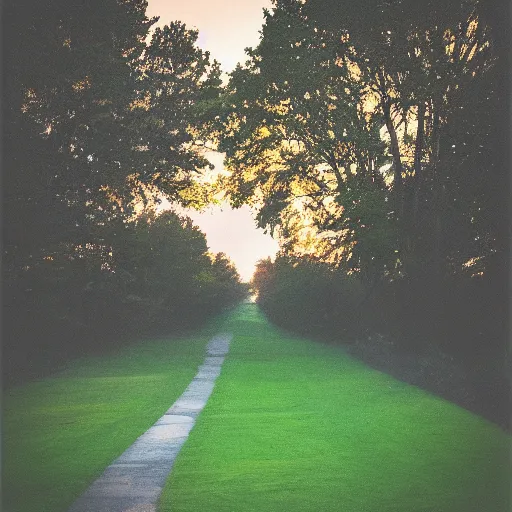 Image similar to Beautiful cameraphone, soft liminal Photograph of a residential road at early morning, lawn, bushes