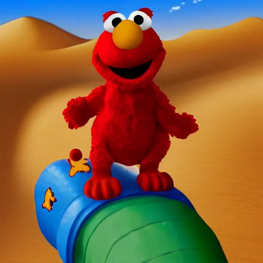 Prompt: Elmo riding a hippo through a desert landscape