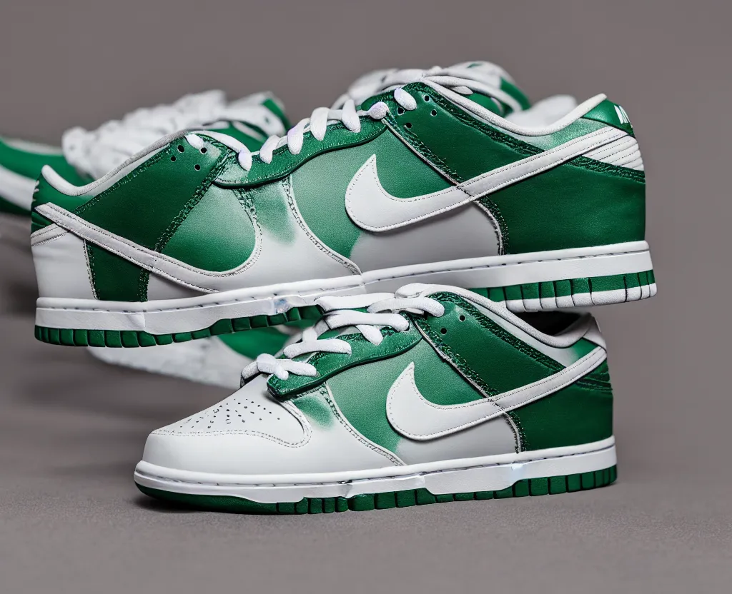 Image similar to a press photograph of nike dunk low pine green and white, size 1 0, white background