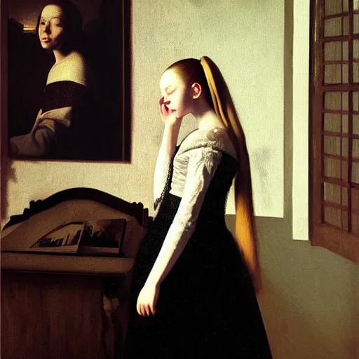 Image similar to a striking hyper real painting of Elle Fanning at night by Johannes Vermeer