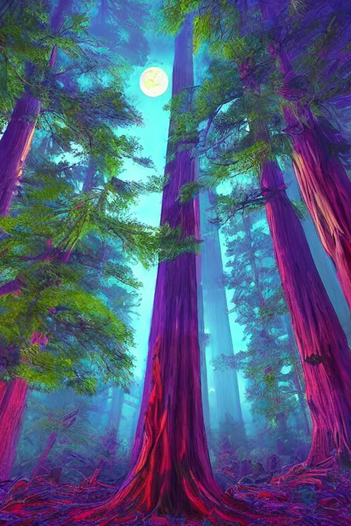 Image similar to redwood trees during nighttime, under the full moon. radiating colorful energy. photorealistic, magical atmosphere,, holographic undertones, intricate and detailed, highly saturated colors, by kan liu, breath of the wild, studio ghibli. trending on artstation. award winning, daily deivation