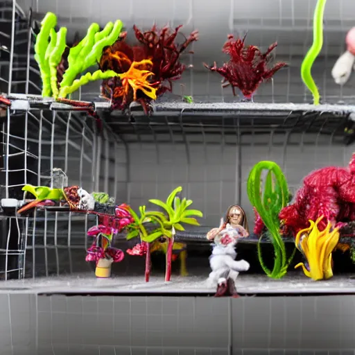 Prompt: garage with carnivorous plants on the shelves and packing peanuts on the floor, scene from tv show hyper detailed 5 5 mm 8 5 mm, toy photography, made out of plastic