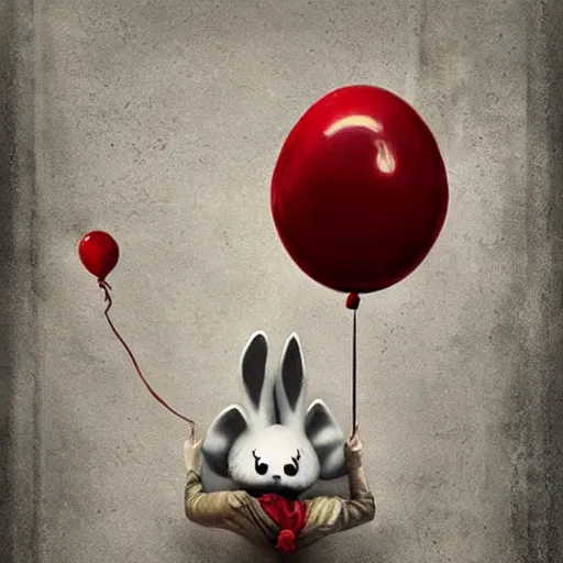 Image similar to grunge cartoon painting of a cartoon bunny and a red balloon by - michal karcz, loony toons style, pennywise style, horror theme, detailed, elegant, intricate