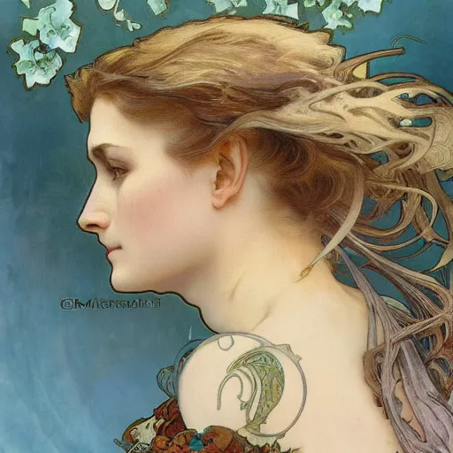 Prompt: realistic detailed masterpiece head and shoulders profile portrait of Mia Kirschner by Alphonse Mucha, Ayami Kojima, Amano, Charlie Bowater, Karol Bak, Greg Hildebrandt, Jean Delville, and Mark Brooks, Art Nouveau, Neo-Gothic, gothic, elegant portrait of Mia Kischner, rich deep moody colors