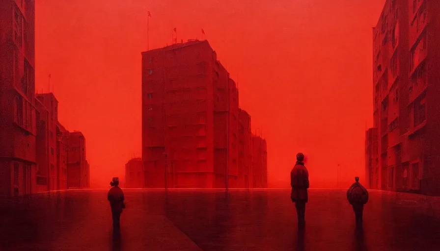 Prompt: only with red, soviet communism city atmosphere with soviet flag, in the style of beksinski and rodcenko and yue minjun and cory loftis, intricate and epic composition, red by caravaggio, highly detailed, masterpiece, red light, artstation, art nouveau
