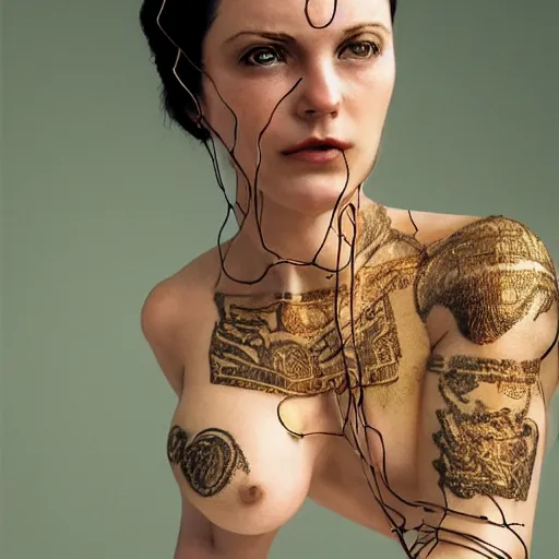 Image similar to A perfect female goddess stands for a waist up portrait with her body sightly wrapped in thin gold wire creatively arranged so as to look like prison tattoos, hyper photo realistic 8K HD HDRI, photo by Annie Leibovitz.