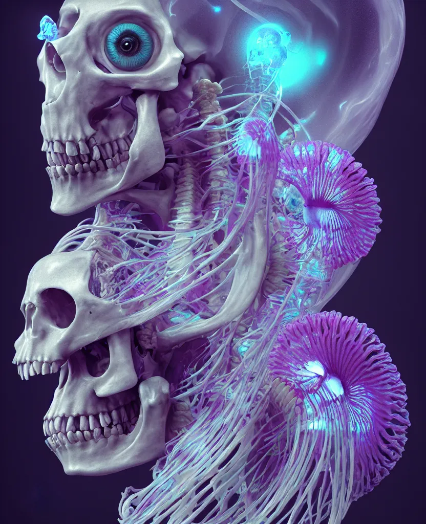 Image similar to goddess close - up portrait human skeleton, ram skull, jellyfish, orchid, betta fish, bioluminiscent, intricate artwork by tooth wu and wlop and beeple. octane render, trending on artstation, greg rutkowski very coherent symmetrical artwork. cinematic, hyper realism, high detail, octane render, 8 k