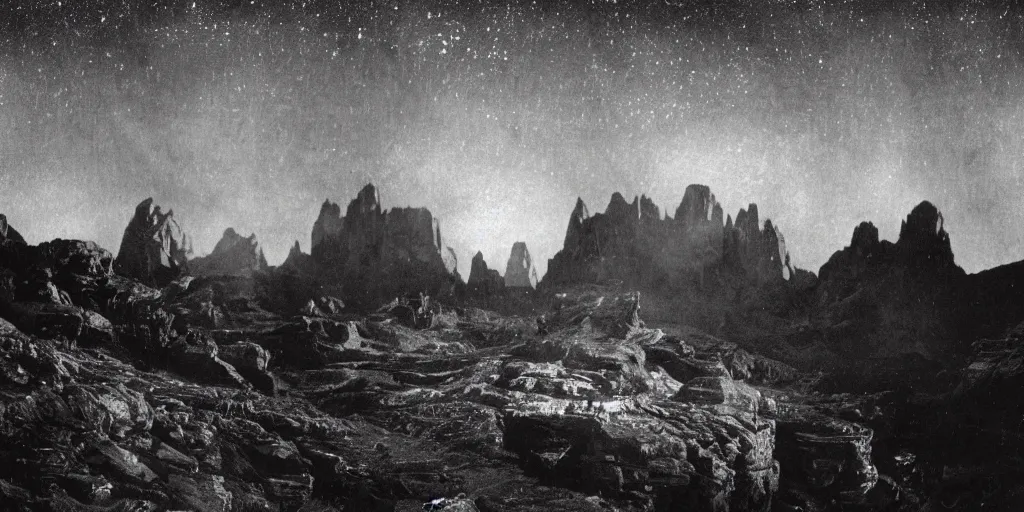 Image similar to 1920s photography historical photo of nightsky, but stars are circles, roots growing in the sky, in the dolomites, forest, dolomites, alpine, detailed intricate insanely detailed octane render, 8k artistic 1920s photography, photorealistic, black and white, chiaroscuro, hd, by David Cronenberg, Raphael, Caravaggio