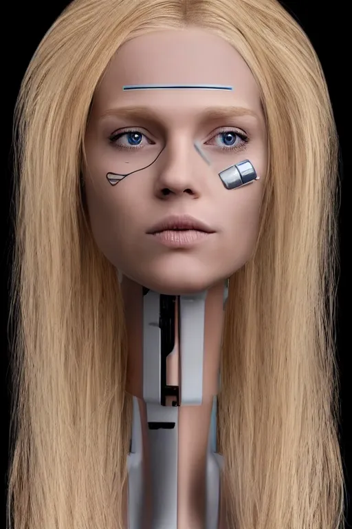 Image similar to robot with human face, female head, full body angle, woman human face, human face realistic, beautiful blonde hair, human head, human head with blonde hair, blonde hair human head, blonde hair, human realistic face, human head skin, cyborg frame concept, cyborg by ales-kotnik, sci-fi android female, the body is made of wires, robotic body, cyborg body, cyborg bust body, robot body cyborg, full body