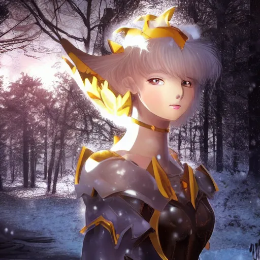 Image similar to focus face portrait of beautiful darkness knight 3D anime girl, golden armor wearing, dark forest background, snowing, bokeh, inspired by Masami Kurumada, digital painting, high contrast, unreal engine render, volumetric lighting, high détail