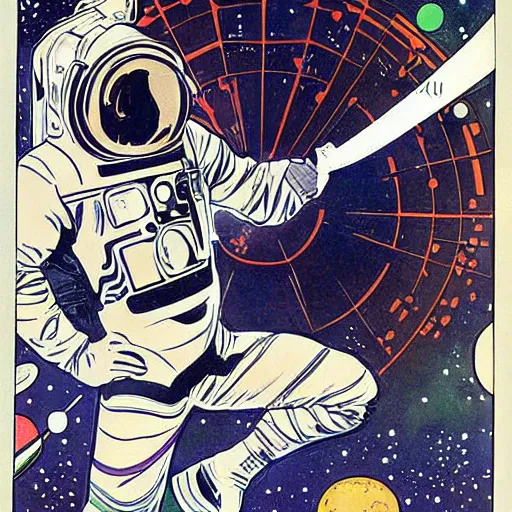 Image similar to a man, floating in space. he is an astronaut, wearing a space suit. he is fixing his space rocket. well composed, clean elegant painting, beautiful detailed face. comic book art by steve ditko and jack kirby and ( alphonse mucha )