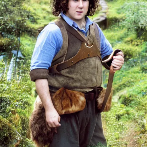 Image similar to clean shaven pudgy British lad with short curly dark brown hair as a hobbit wearing a white men's crossbody sling chest bag and blue vest standing next to a giant rabbit, blue vest! high resolution film still, movie by Peter Jackson