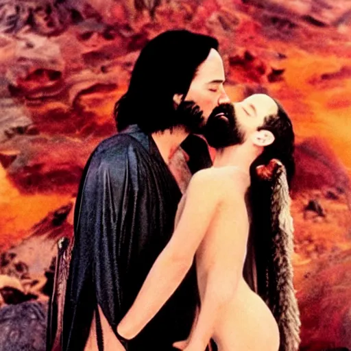 Prompt: an had 8 k digital color photograph of keanu reeves as zardoz kissing a future fairy girl on planet zardoz - n 9