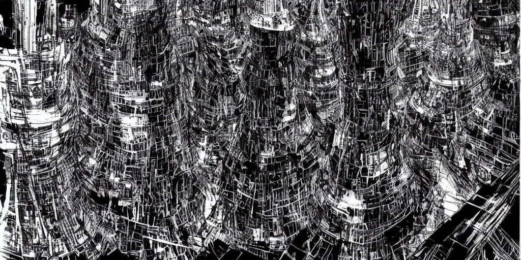 Prompt: megastructure of babel, extremely coherent, city in the far future, art by Tsutomu Nihei