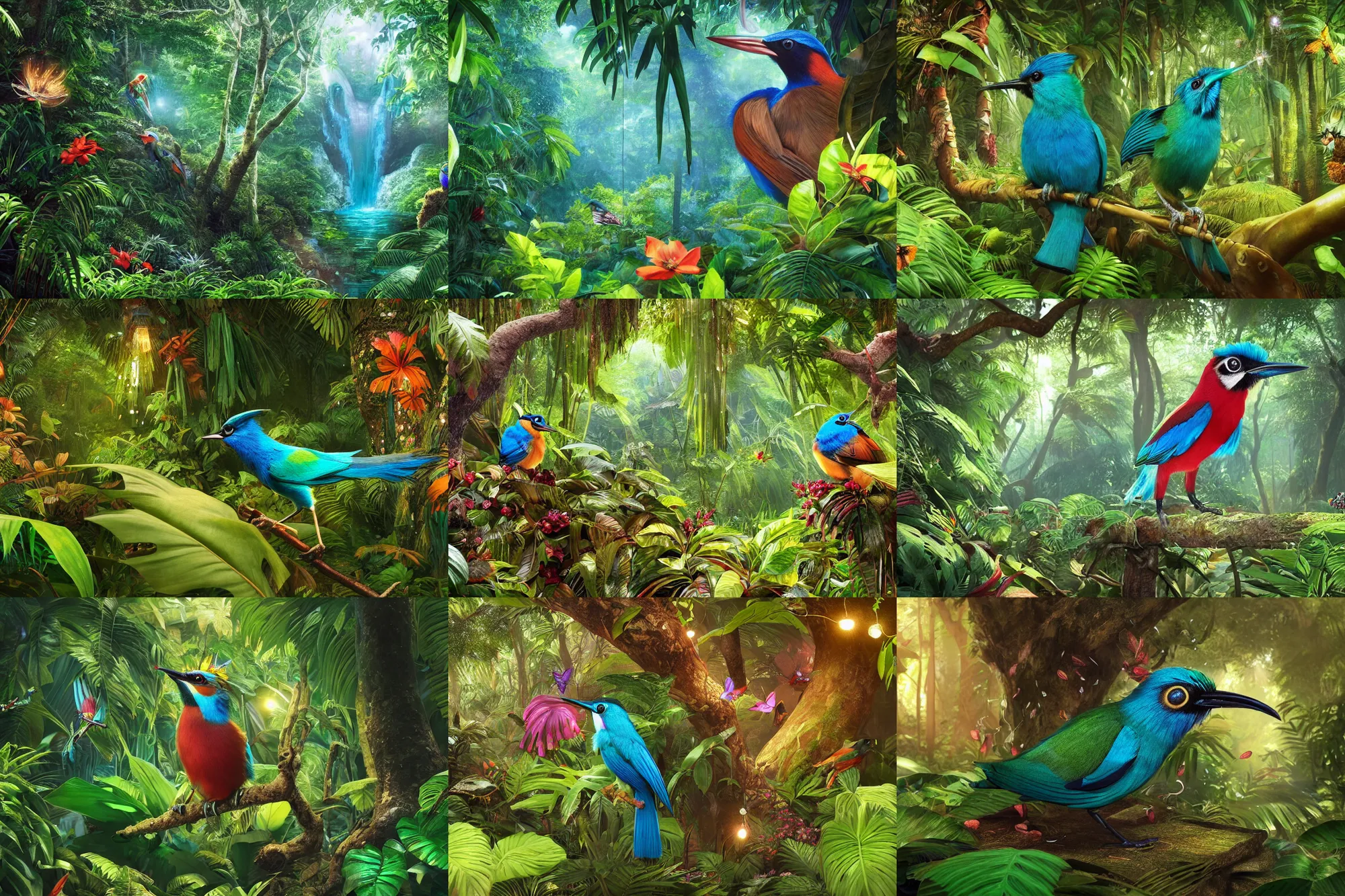 Prompt: motmot bird in a forest with tropical leaves, butterflies, sparkling water, glistening, hyper realistic, hyper detailed, digital art, trending in artstation, cinematic lighting, studio quality, smooth render, unreal engine 5 rendered, octane rendered, art style by klimt and nixeu and ian sprigger and wlop and krenz cushart