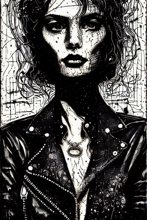 Prompt: dreamy rock girl, black leather jacket, detailed acrylic, grunge, intricate complexity, by dan mumford and by alberto giacometti, peter lindbergh