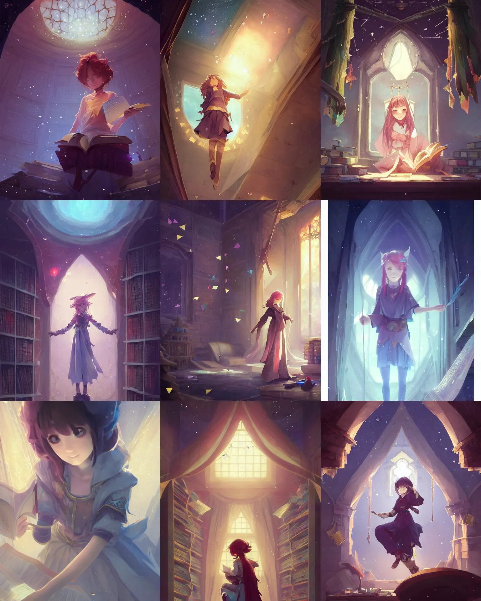 Prompt: cute teenage mage with a polygonal library walls and glass ceilings showing the stars and hanging silk drapery and tapestries, light dust, magnificent, close up, details, sharp focus, elegant, highly detailed, illustration, by Jordan Grimmer and greg rutkowski and PiNe(パイネ) and 薯子Imoko and 香川悠作 and wlop and maya takamura, intricate, beautiful, Trending artstation, pixiv, digital Art