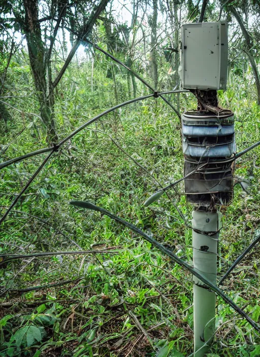 Prompt: an abandoned antenna in a jungle