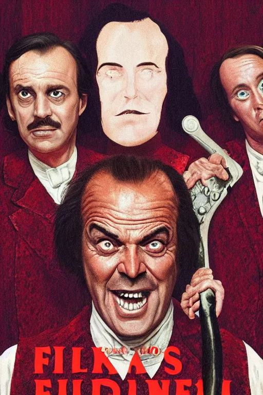 Prompt: a movie poster for the film the shining featuring a large portrait of jack nicholson's face and a fireaxe in the style of wes anderson's the grand budapest hotel.