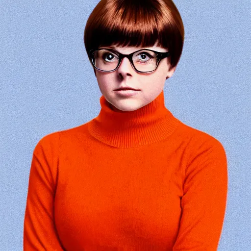 Prompt: Stunning Real Life Scene of Velma Dinkley wearing her iconic orange sweater from Scooby Doo in court for falsely accusing someone of being a criminal by Greg Rutkowski. She has beautiful eyes, Velma is a teenage female, with chin-length auburn hair and freckles. She is somewhat obscured by her fashion choices, wearing a baggy, thick turtlenecked orange sweater, with a red skirt, knee length orange socks and black Mary Jane shoes. Soft render, Pixiv, artstation