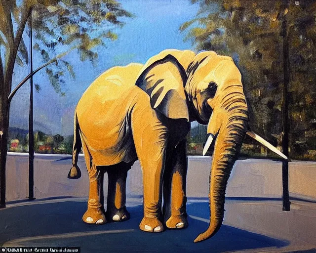 Prompt: photo of an an elephant painting a picture with its trunk holding a paintbrush while standing outside in a park on a sunny day, octane, shot on an iphone,