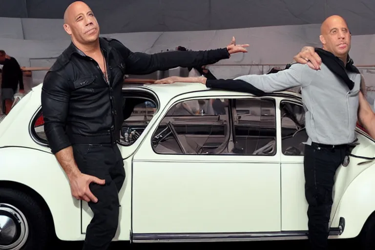 Prompt: vin diesel holds over its head on its two hands volkswagen beatle