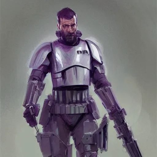 Prompt: concept art of a portrait by greg rutkowski, a soldier of the eternal empire wearing purple and white tactical gear, star wars expanded universe, smooth, sharp focus, artstation hq.