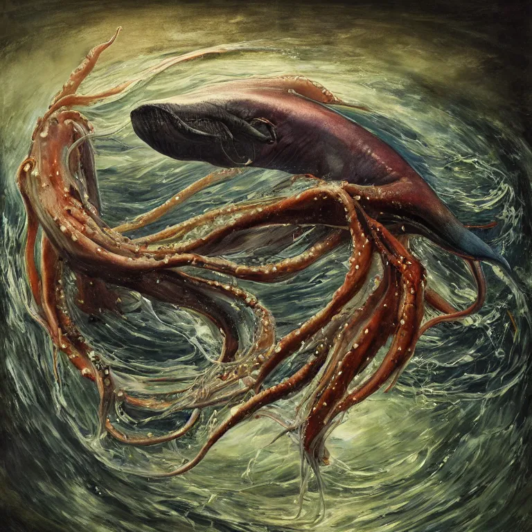 Image similar to Hyperrealistic intensely colored Studio wet collodion Photograph portrait of a deep sea Giant Squid battling Physeter Macrocephalus Whale deep underwater in darkness long exposure, award-winning nature deep sea expressionistic impasto heavy brushstrokes oil painting by Jenny Saville and Norman Rockwell and Audubon vivid colors hyperrealism 8k