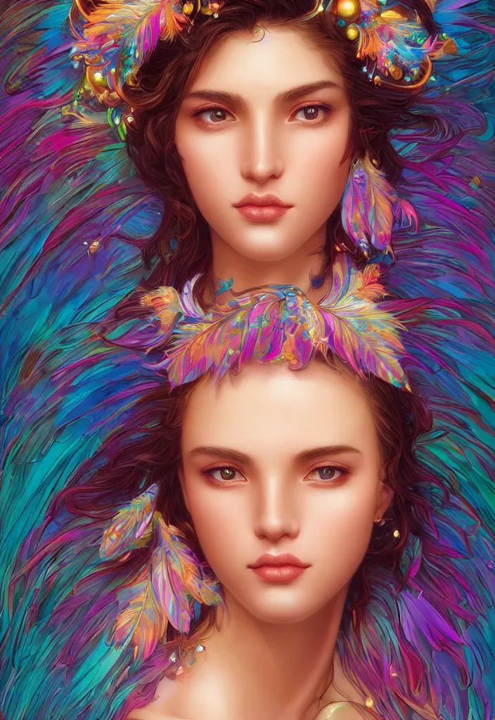 Image similar to beautiful, young woman, detailed gorgeous face, vaporwave aesthetic, synthwave, colorful, psychedelic, water droplets, feathers, crown, artstation, concept art, smooth, extremely sharp detail, finely tuned detail, ultra high definition, 8 k, unreal engine 5, ultra sharp focus, illustration, art by artgerm and greg rutkowski and alphonse mucha