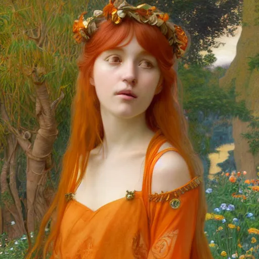 Prompt: A young woman with orange long hair and small horns in shorts and white shirt drawn by Donato Giancola and Makoto Shinkai, Edmund Leighton, Alphonse Mucha, background by James Jean and Gustav Klimt, 4k, porcelain skin, volumetric lighting, komorebi, french nouveau, trending on artstation, octane render, hyperrealistic