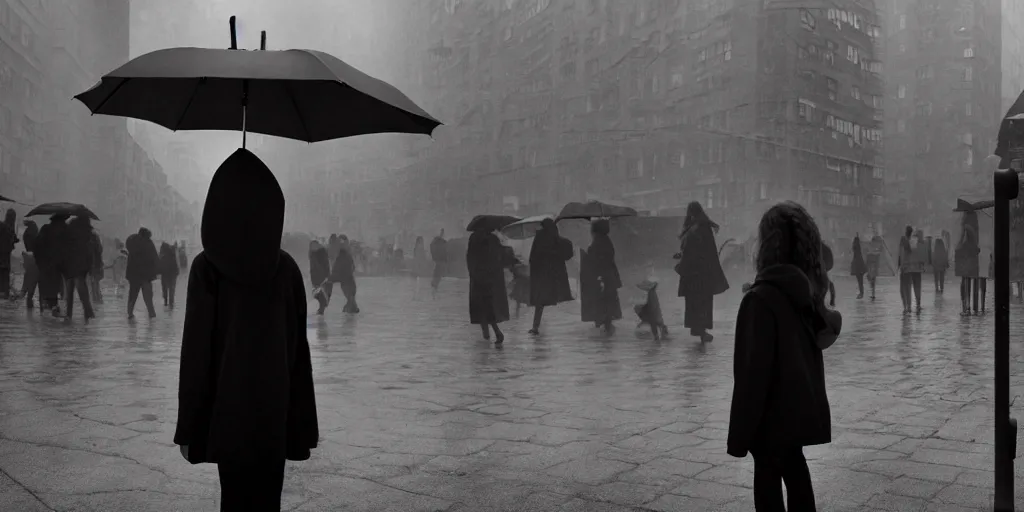 Prompt: medium shot of umbrella stall with sadie sink in hoodie. in ruined square, pedestrians on both sides. cyberpunk tenements in background : grainy b & w 1 6 mm film, still from schindler's list by steven spielberg. cinematic atmosphere, sharp face, perfect anatomy