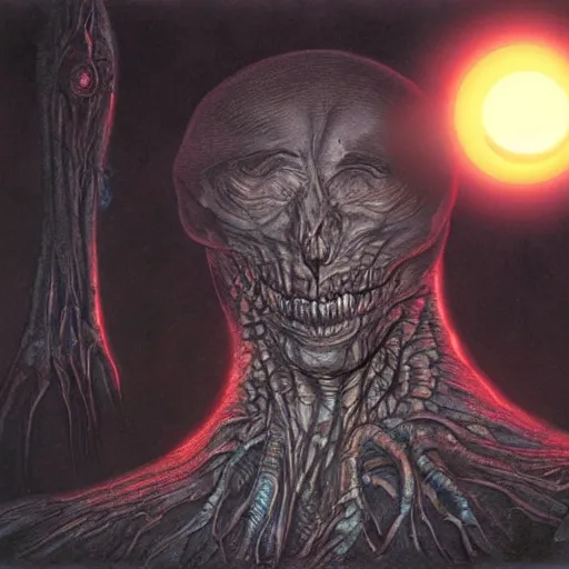 Image similar to the eclipse from berserk, creepy, melting, since, horror, art by wayne barlowe, giger, artgerm